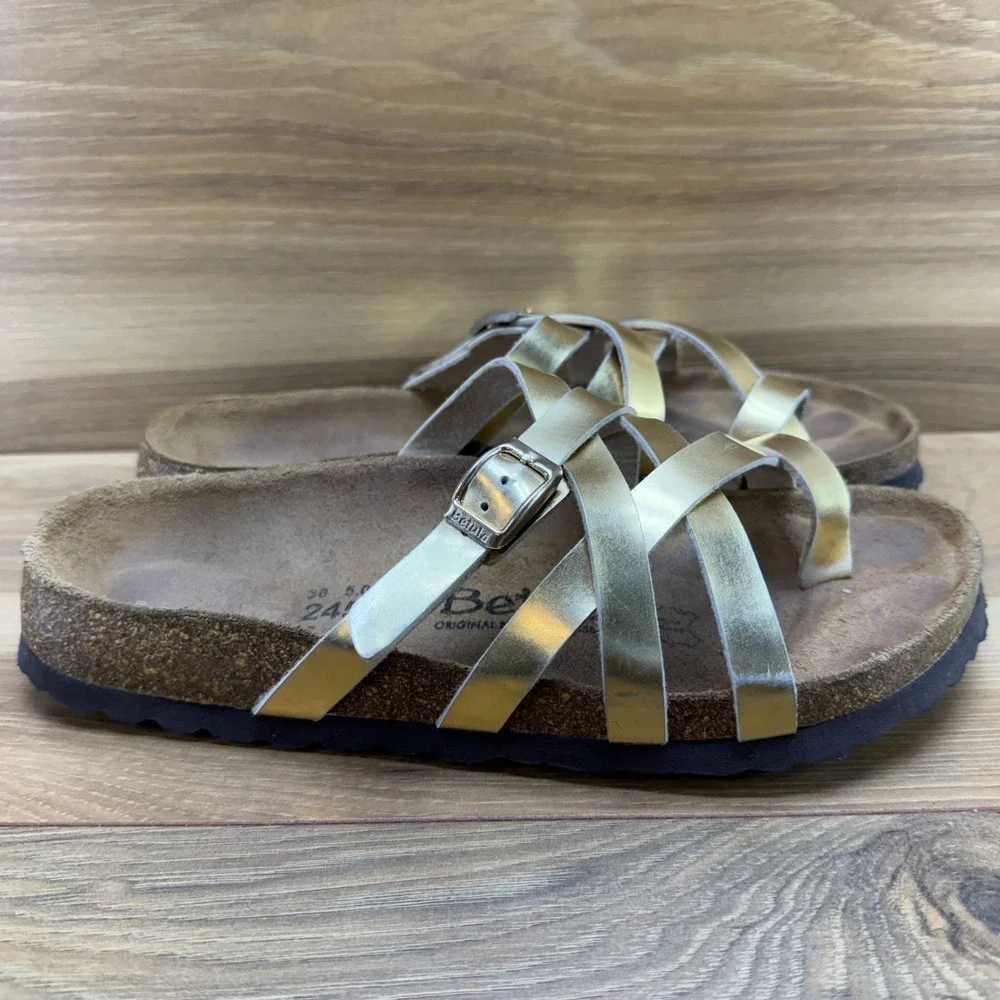 Birkenstock Betula Sandals Gold Strappy Slip On 7 N EU 38 Birko Travel Vacation